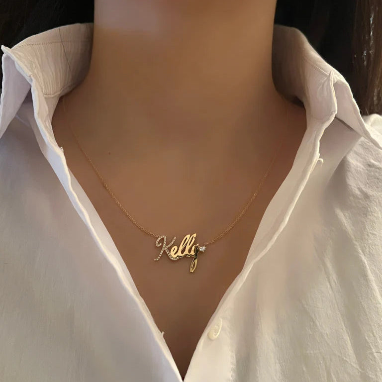 One Diamond Heart Script Necklace
